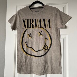 Unisex Nirvana Smiley Face Acid Wash Band Tee EUC Taupe Color
